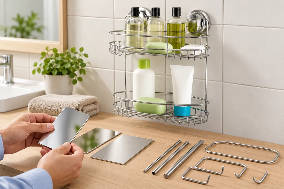 Buyer reviews separate sheet and wire samples with a finished two-suction bathroom basket