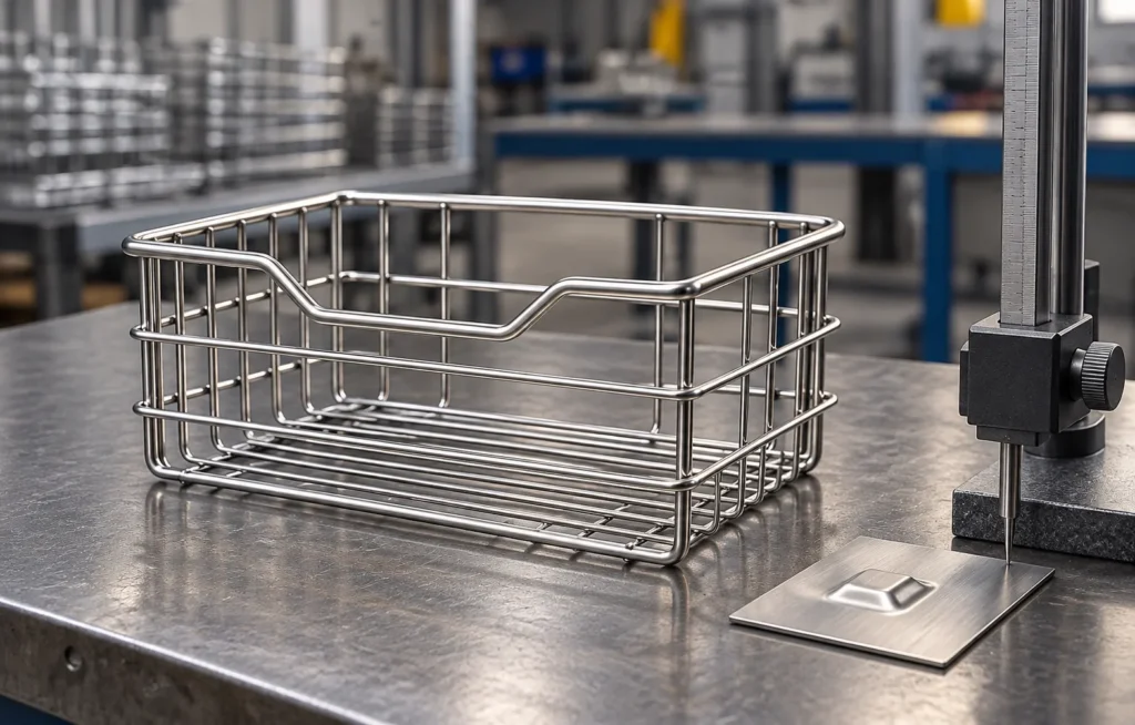 Separate embossed steel coupon beside a chrome wire bathroom basket on an inspection bench