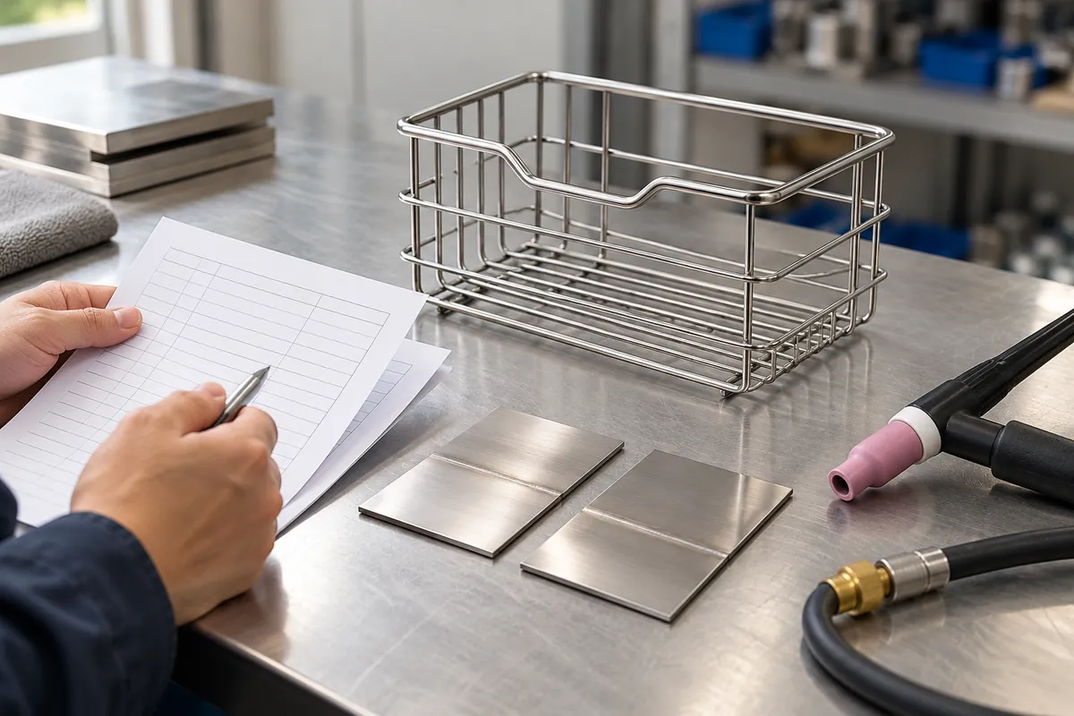 Buyer reviewing TIG shielding setup evidence with separate hardware coupons