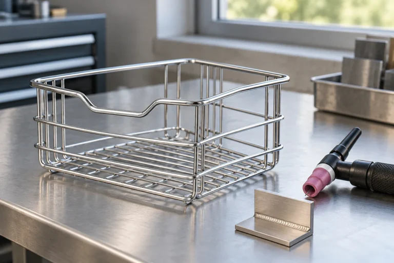 Wire basket and TIG torch beside a separate shielding-review coupon
