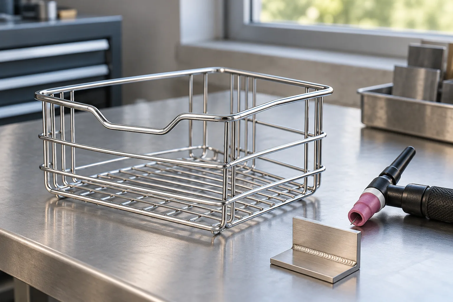 Wire basket and TIG torch beside a separate shielding-review coupon