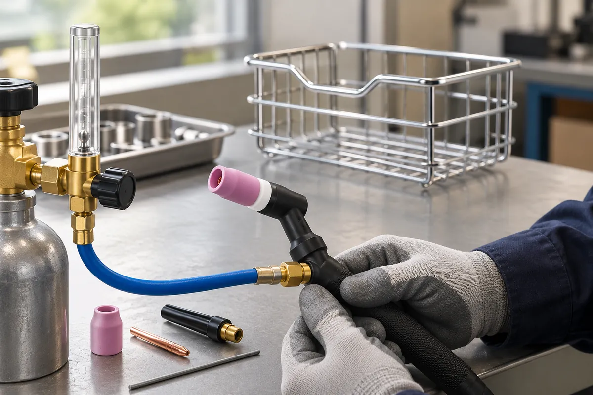 Technician reviewing TIG torch and gas-hose connections beside a basket sample