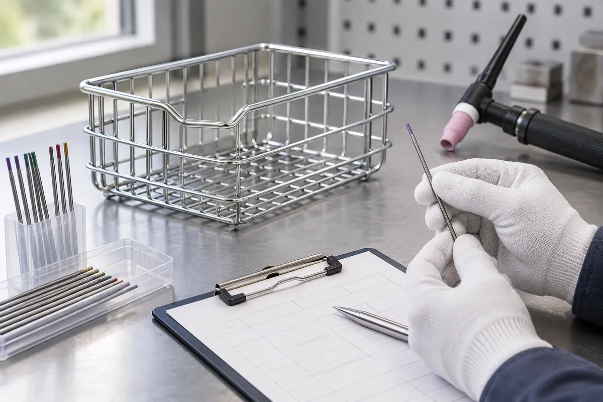 Buyer reviewing prepared tungsten electrodes and a blank supplier record