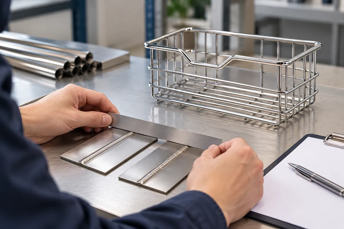 Buyer reviewing thin-sheet weld coupons and a blank process record