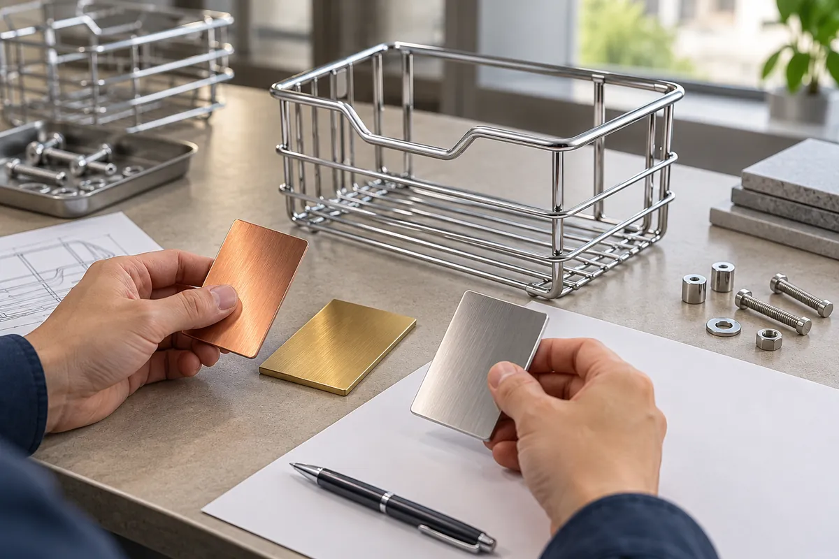 Buyer reviewing reflective metal coupons and alternative joining proposal