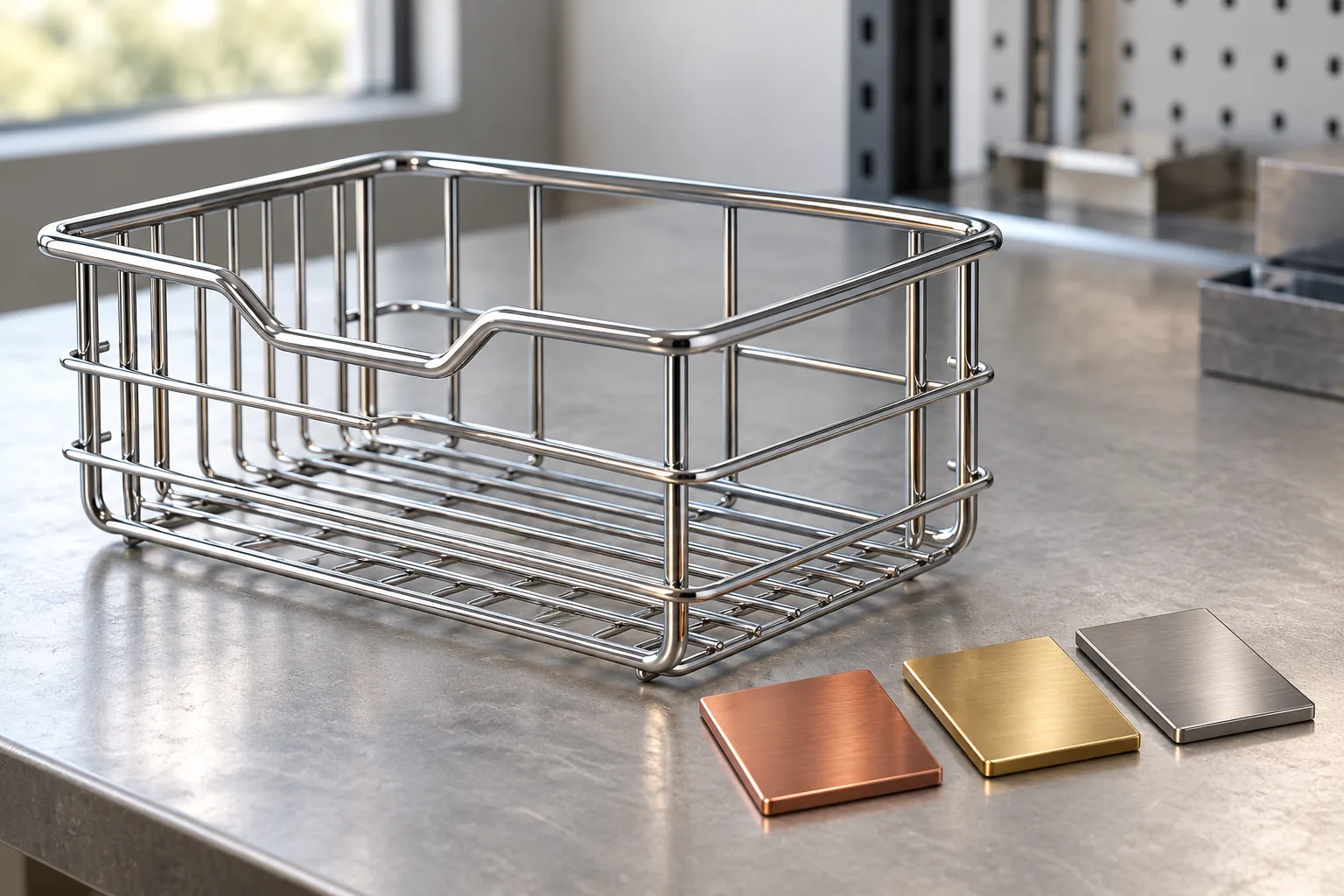 Wire basket beside separate copper brass and stainless feasibility coupons