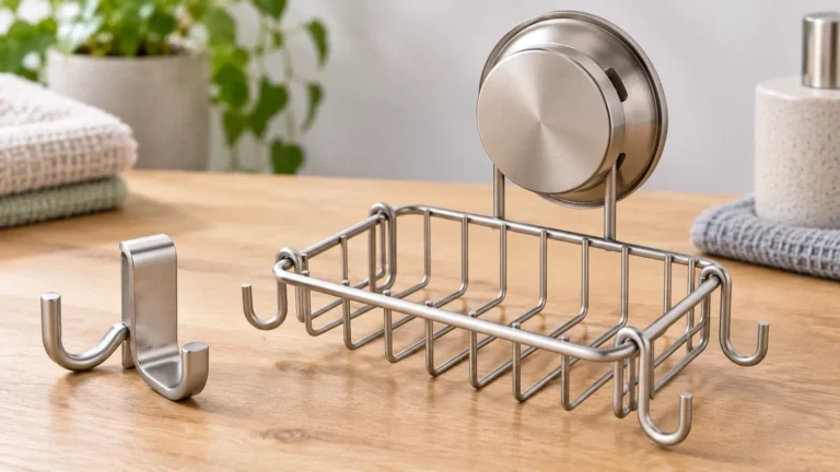 Formed stainless bathroom accessory sample on inspection table