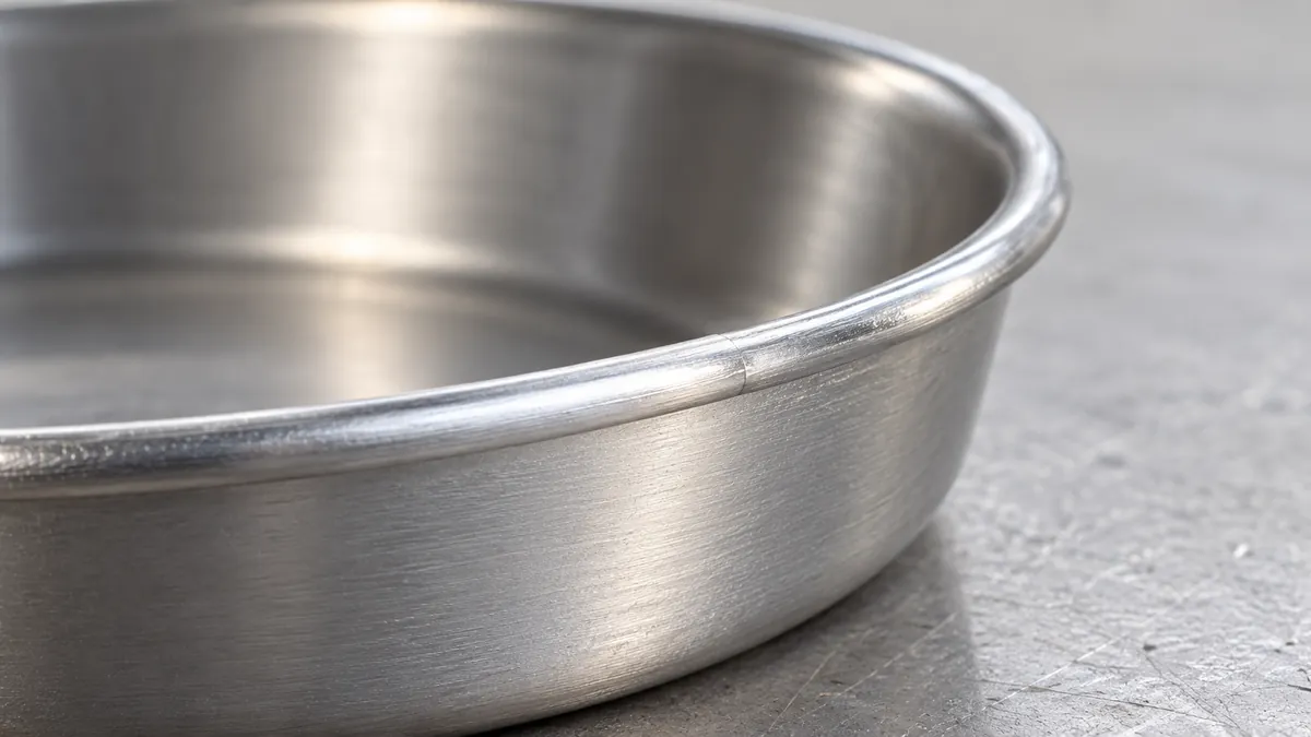 Close view of a drawn metal component edge under neutral inspection light