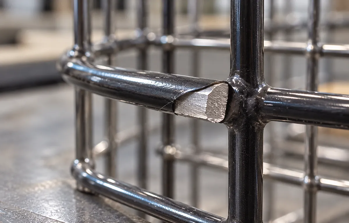 Close view of a coated metal cut edge and coating boundary