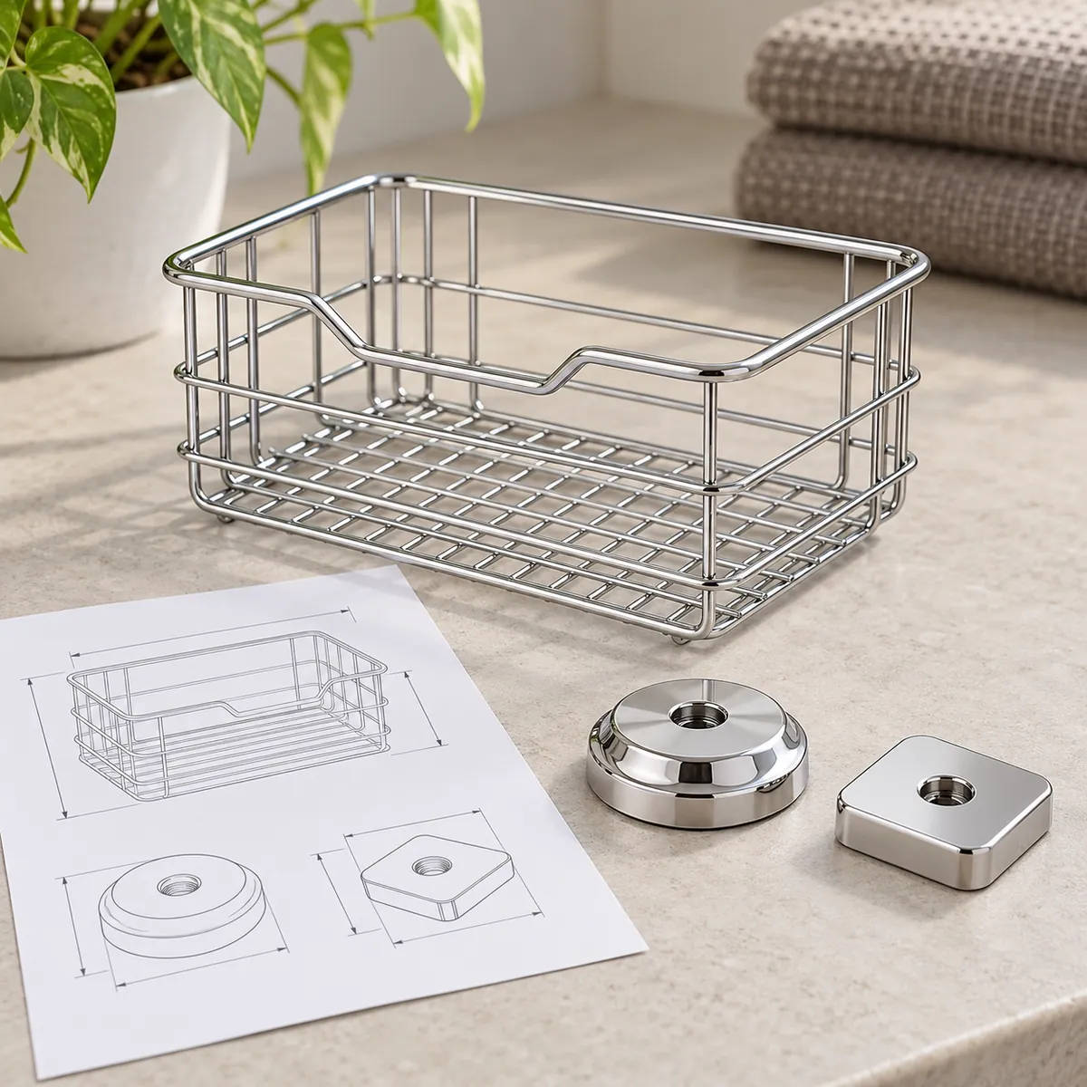Buyer compares separate zinc-alloy accessory base samples and drawing