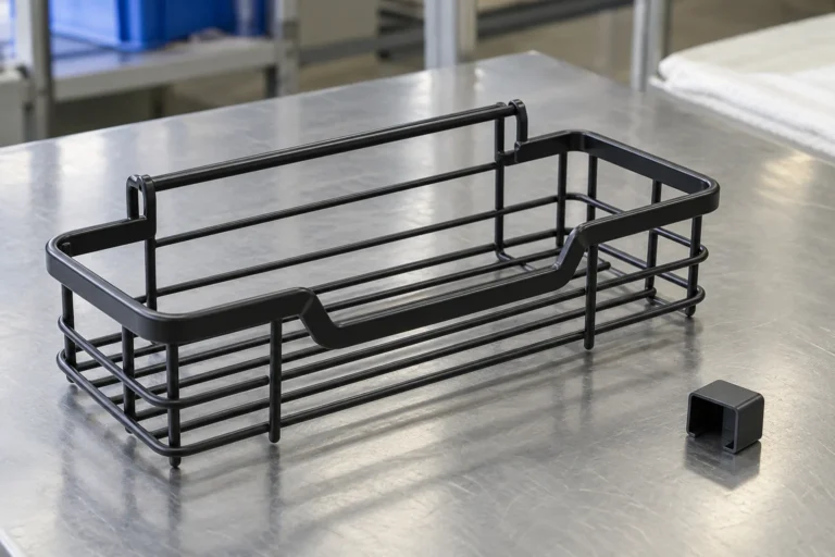 Black metal bathroom wire rack beside a separate molded plastic end cover