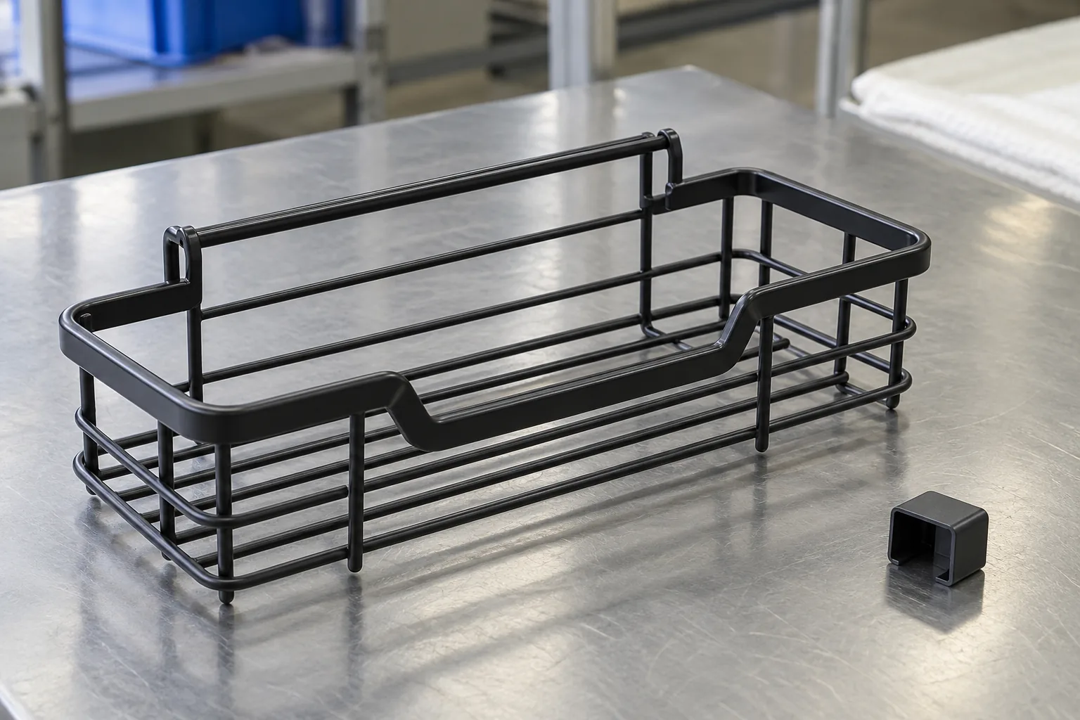 Black metal bathroom wire rack beside a separate molded plastic end cover