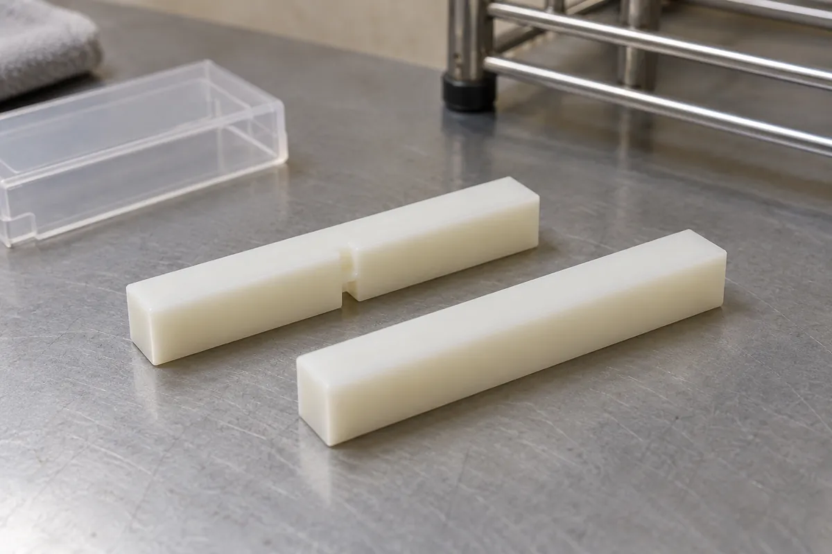 Polymer impact-test bars with different specimen conditions beside a plastic cover