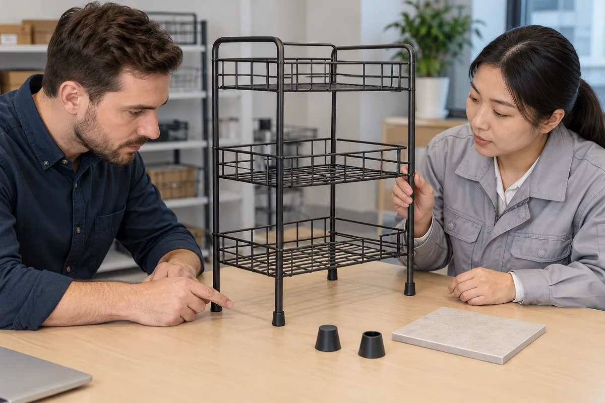 Buyer and supplier review a metal rack, rubber protective feet, and tile sample