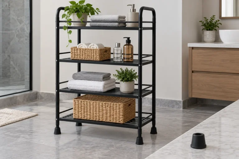 Freestanding metal storage rack with visible rubber protective feet and a separate sample