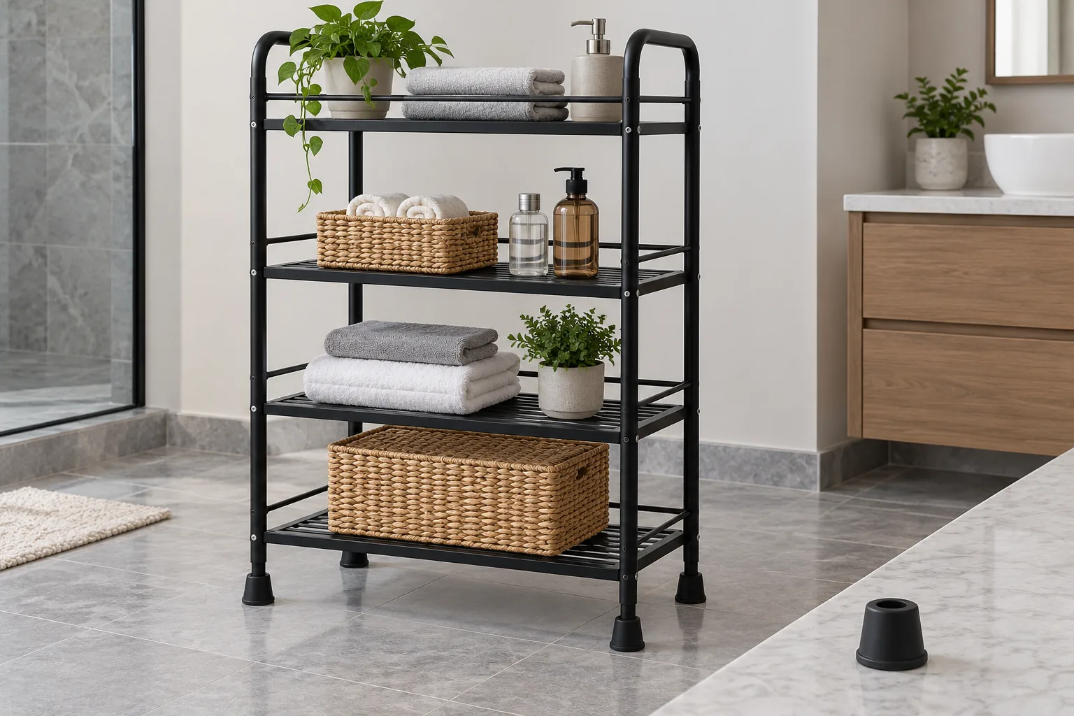 Freestanding metal storage rack with visible rubber protective feet and a separate sample