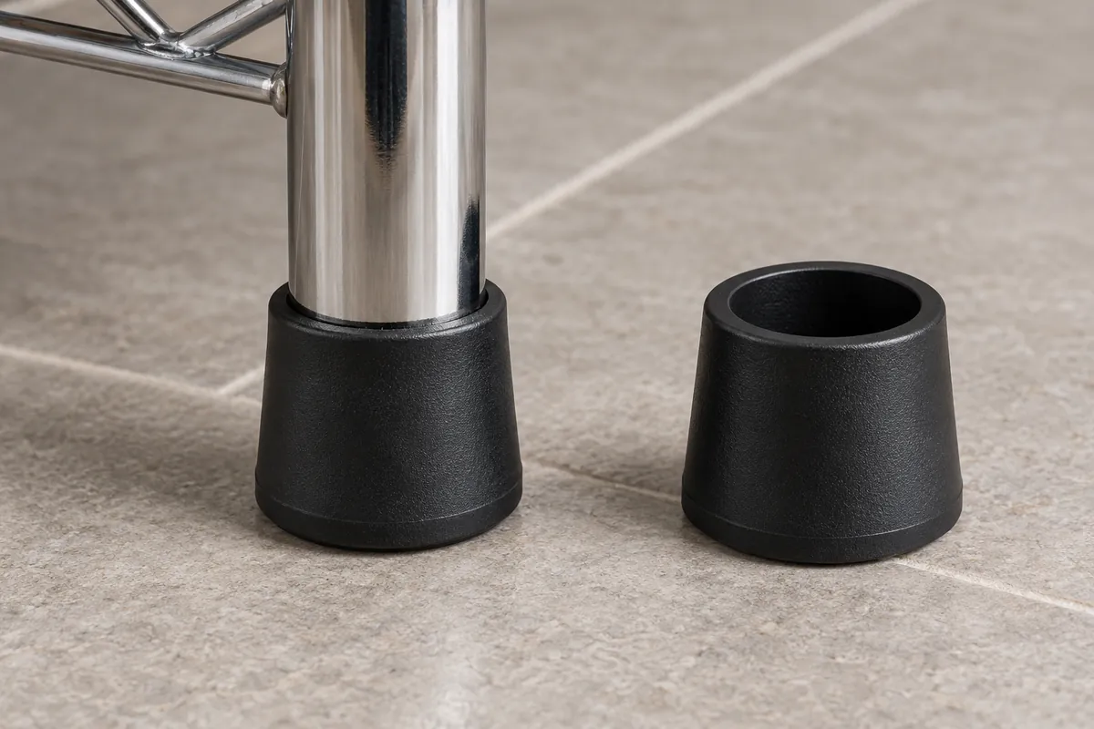 Rubber protective cap fitted to a metal rack leg with a separate matching foot sample