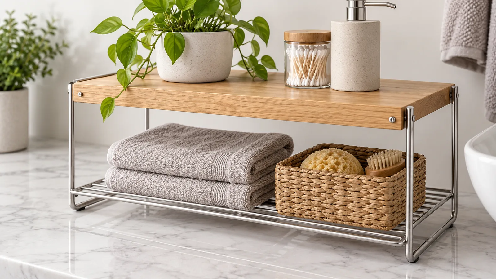 Generic steel-and-wood organizer showing a visible metal bracket at the wood panel edge.