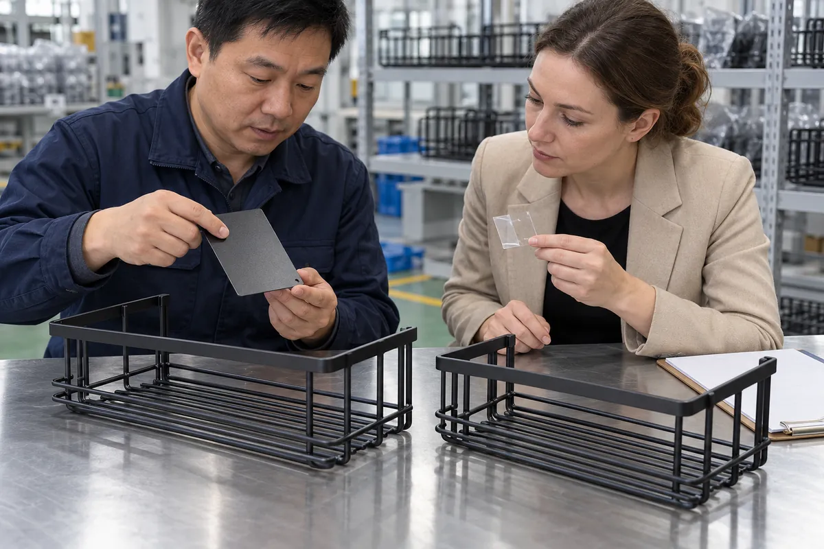 Buyer and supplier compare powder-coated bathroom racks and a steel sample coupon