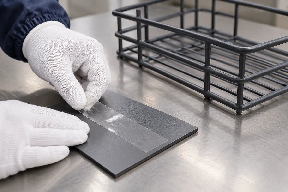 Gloved inspector applies clear tape to a prepared steel coupon beside a powder-coated wire rack