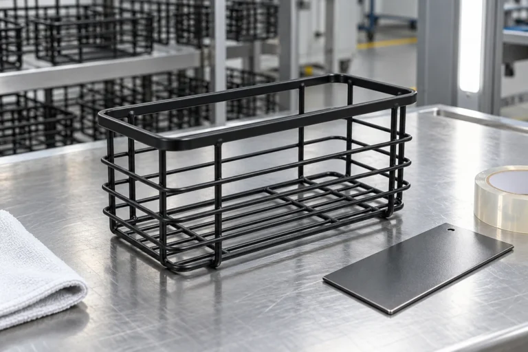 Powder-coated metal bathroom wire rack beside a prepared steel coupon and clear tape