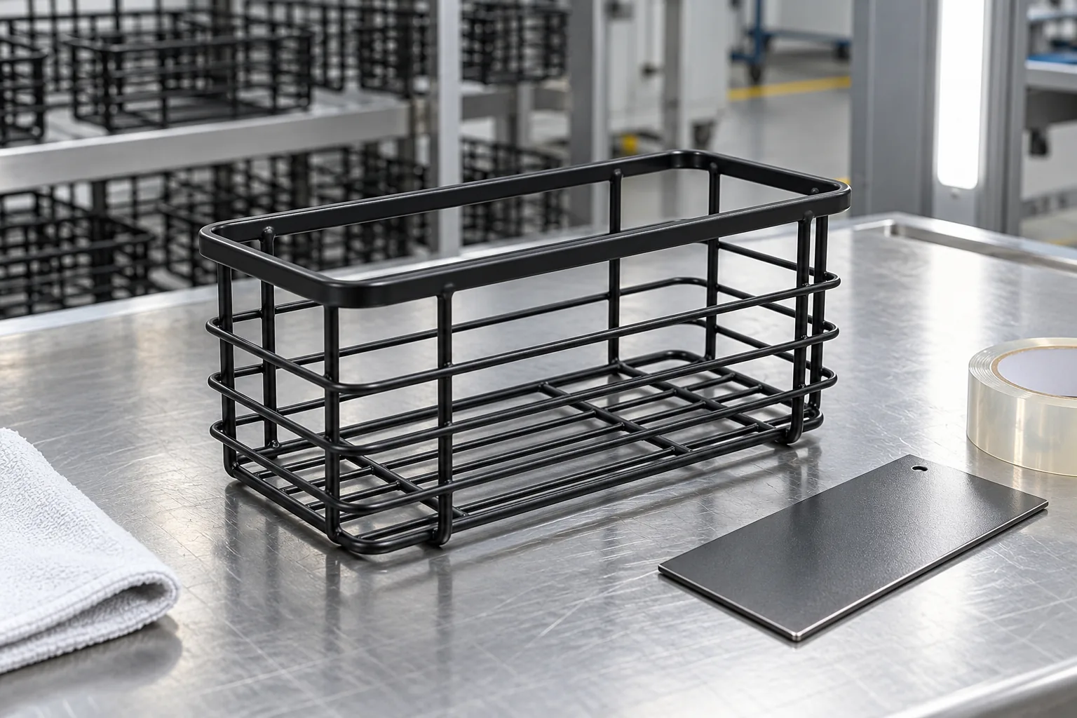 Powder-coated metal bathroom wire rack beside a prepared steel coupon and clear tape