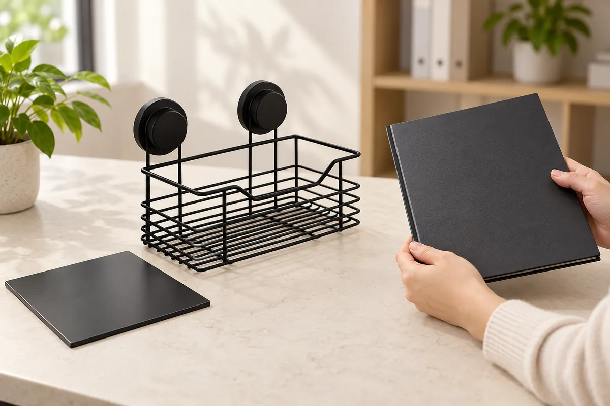 Buyer reviews a two-suction black wire bathroom basket and plain finish sample