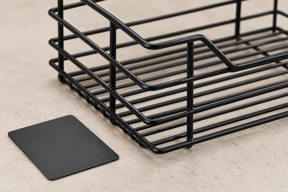 Black coated wire-basket corner and unmarked coating sample shown for finish review