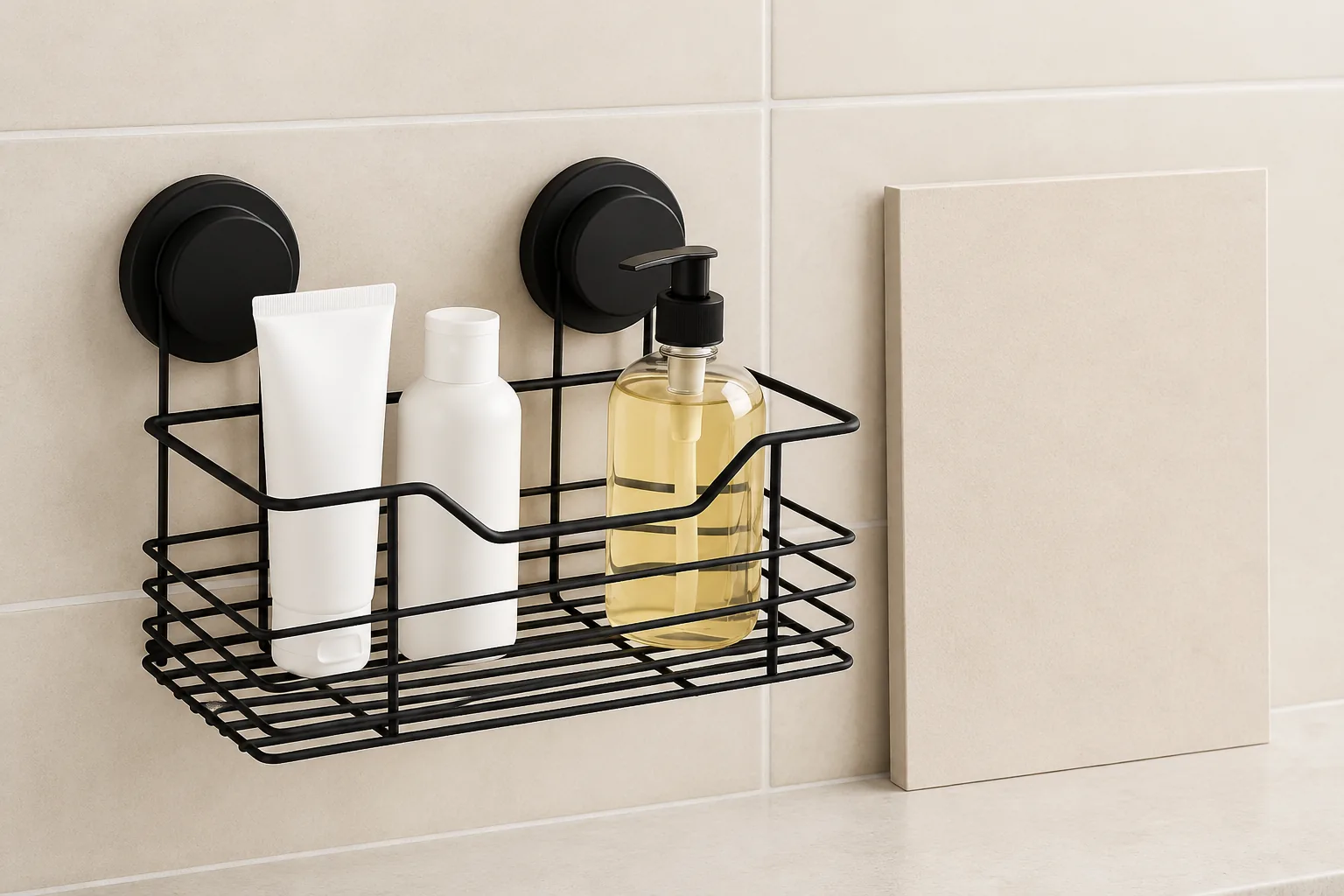 Two-suction black wire bathroom basket presented for powder-coating specification review