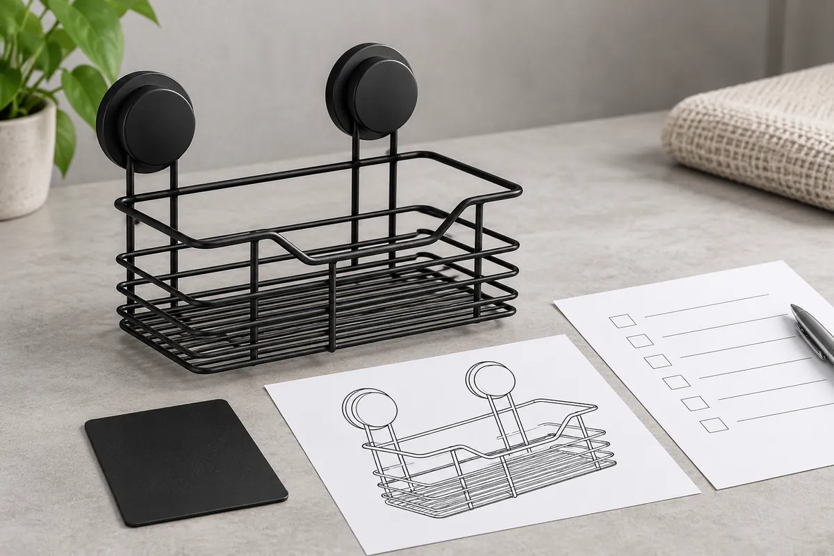 Buyer checklist scene with a two-suction black wire bathroom rack, coating coupon, and blank review sheet