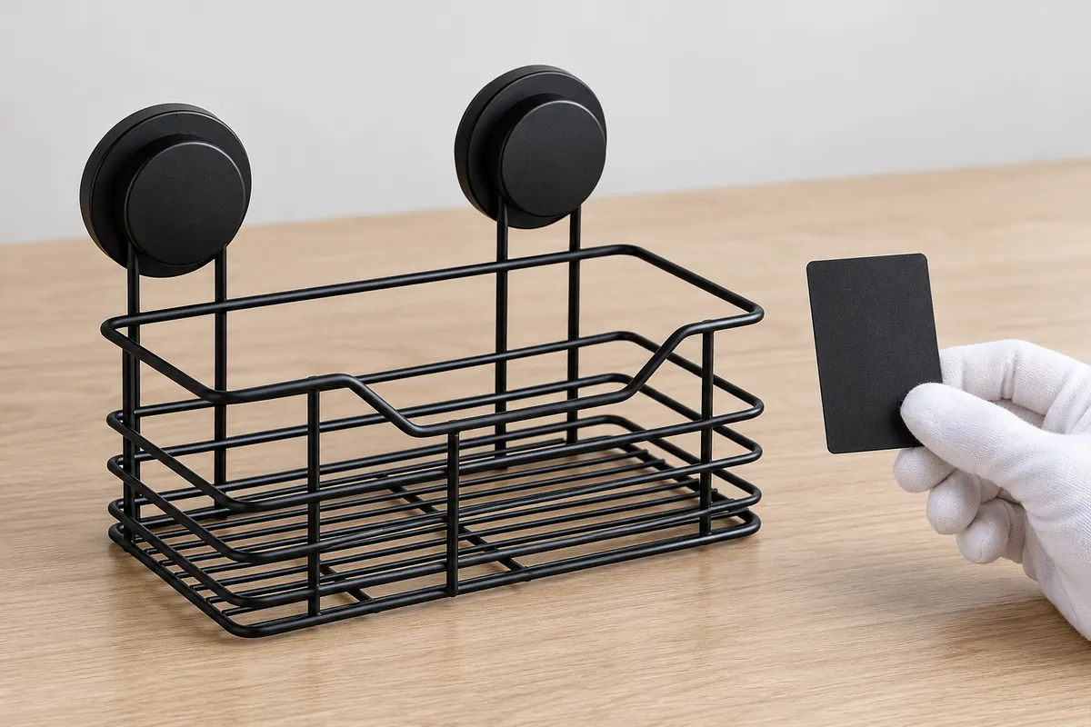 Supplier review of a two-suction powder-coated wire bathroom rack beside a coating coupon