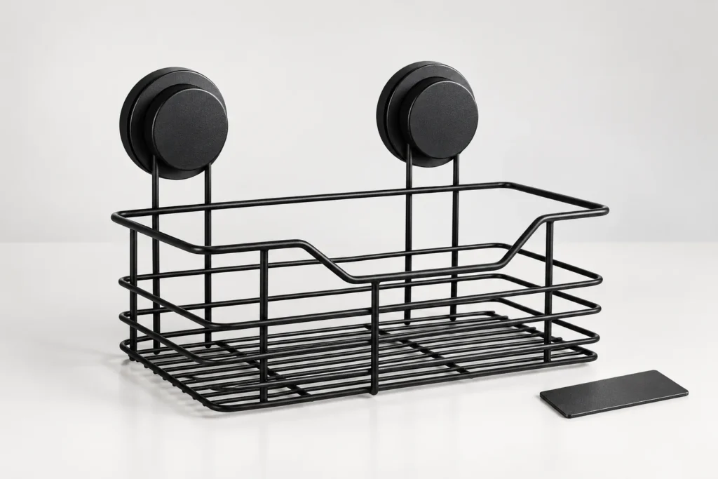 Black two-suction powder-coated wire bathroom basket beside an unmarked coating coupon