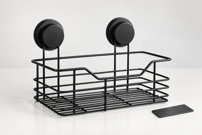 Black two-suction powder-coated wire bathroom basket beside an unmarked coating coupon