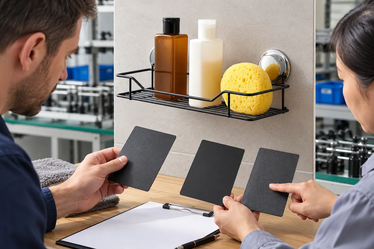 Buyer and supplier compare matte black coating samples on a two-suction basket