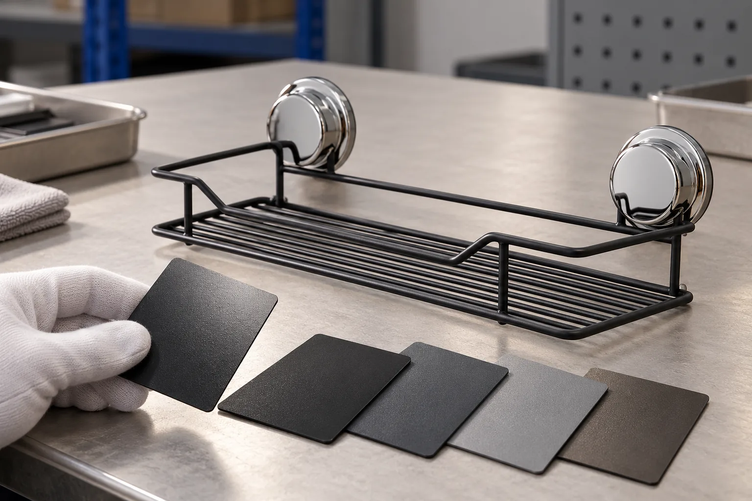 Matte black two-suction wire basket reviewed beside powder-coat texture samples