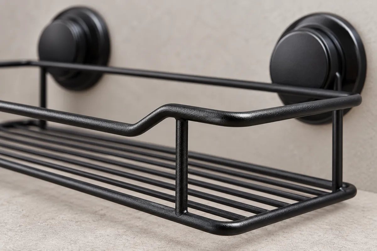 Close view of matte black powder coating texture on a wire basket junction