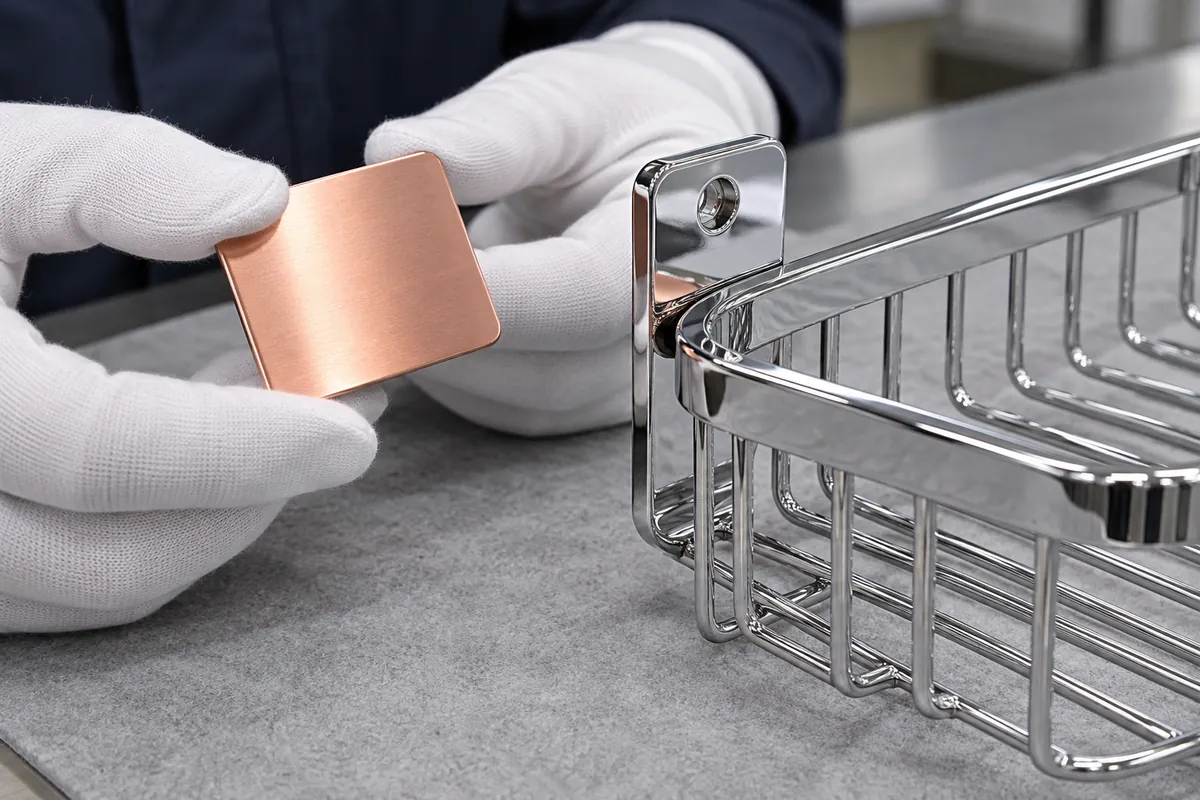 Finishing supplier compares a copper-tone sample coupon with the chrome surface of a wire bathroom basket