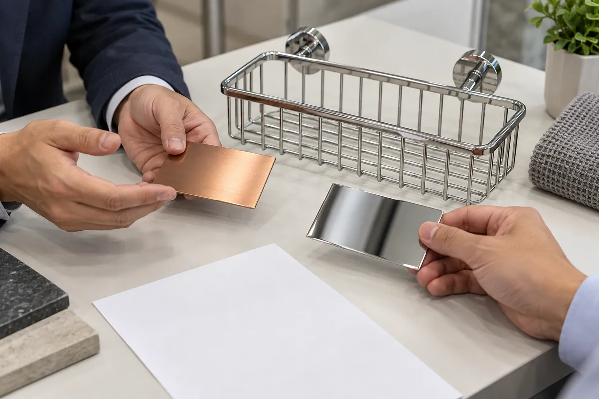 Buyer and finishing supplier compare copper and chrome finish coupons beside a bathroom storage basket