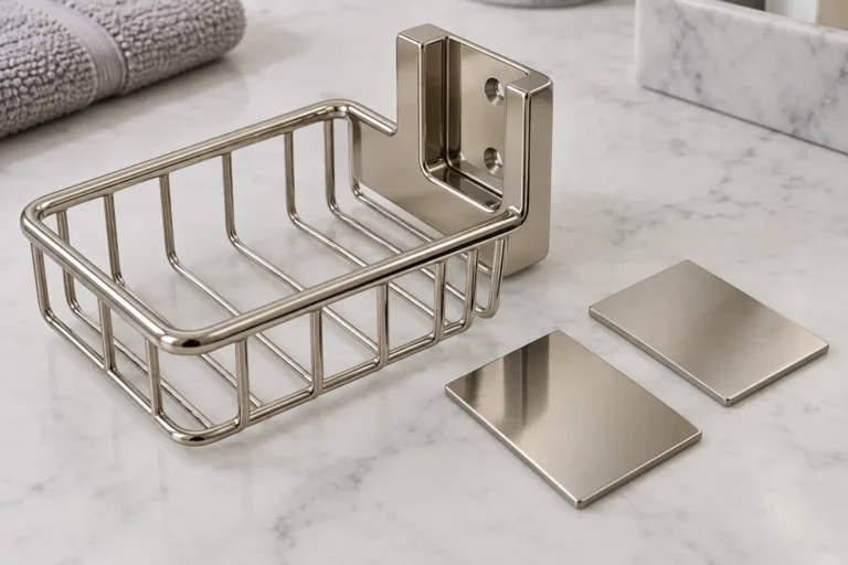 Polished nickel-finished bathroom basket bracket with a recessed return and two separate finish coupons