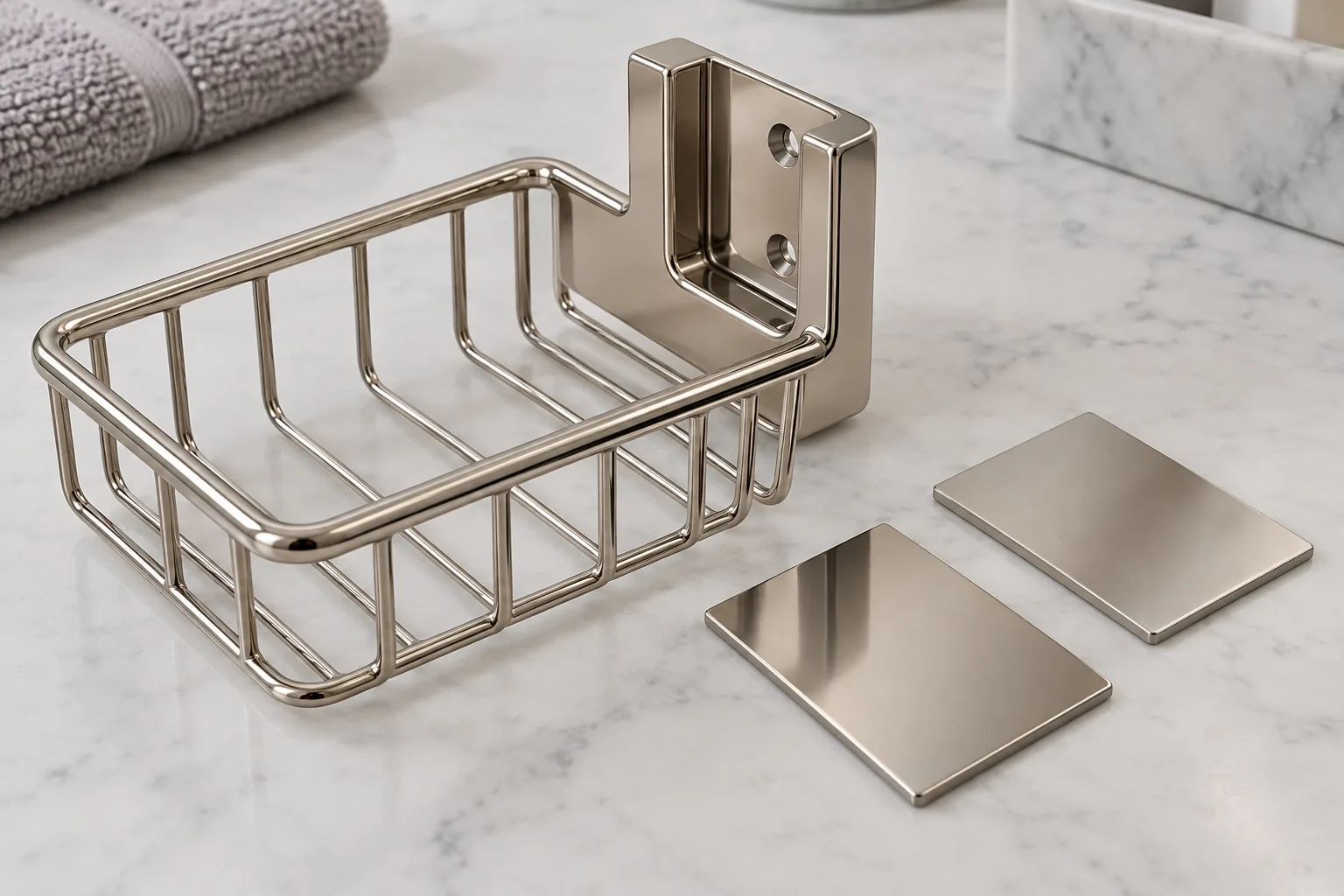 Polished nickel-finished bathroom basket bracket with a recessed return and two separate finish coupons