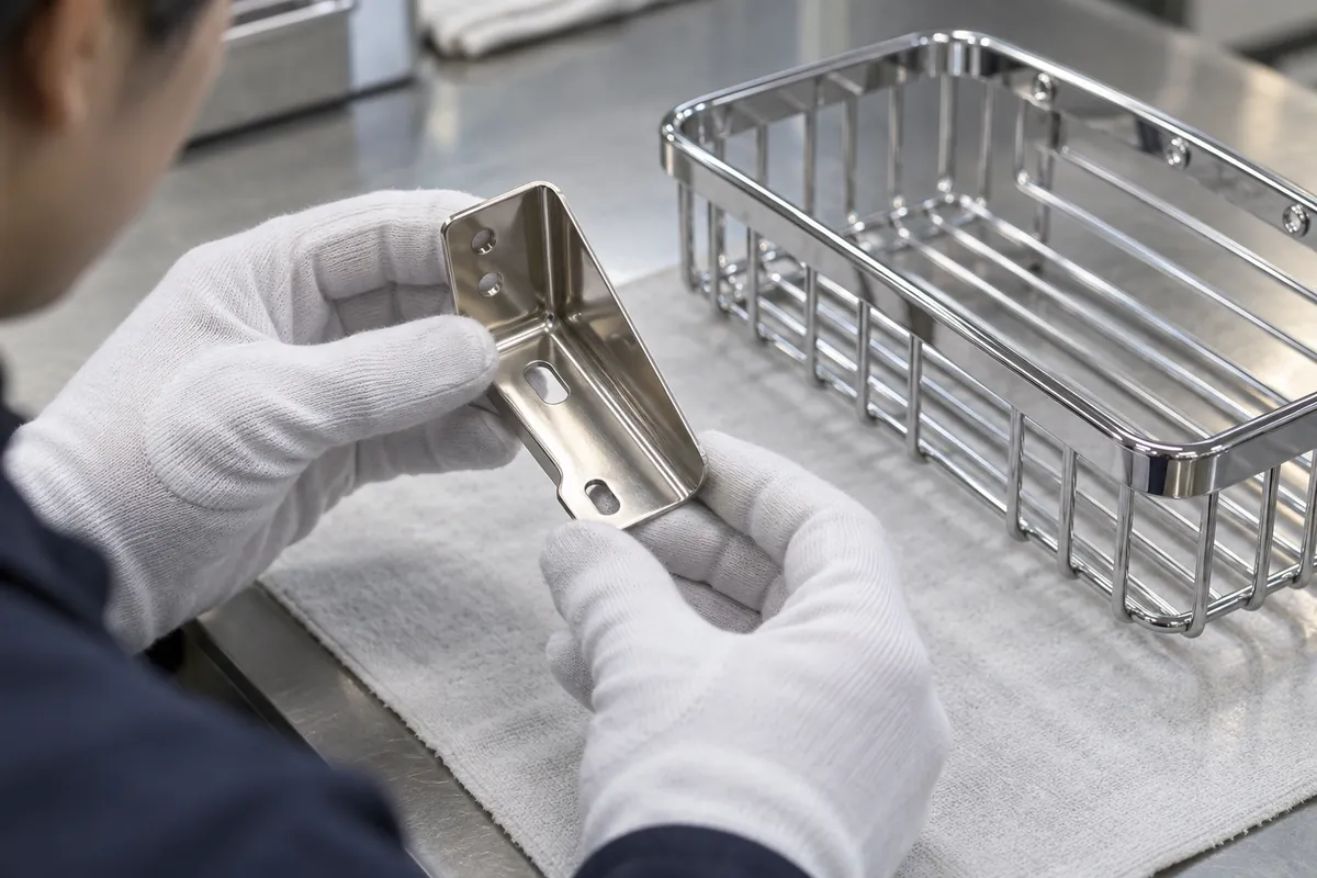 Supplier inspector checks the recessed channel of a nickel-finished bathroom basket bracket
