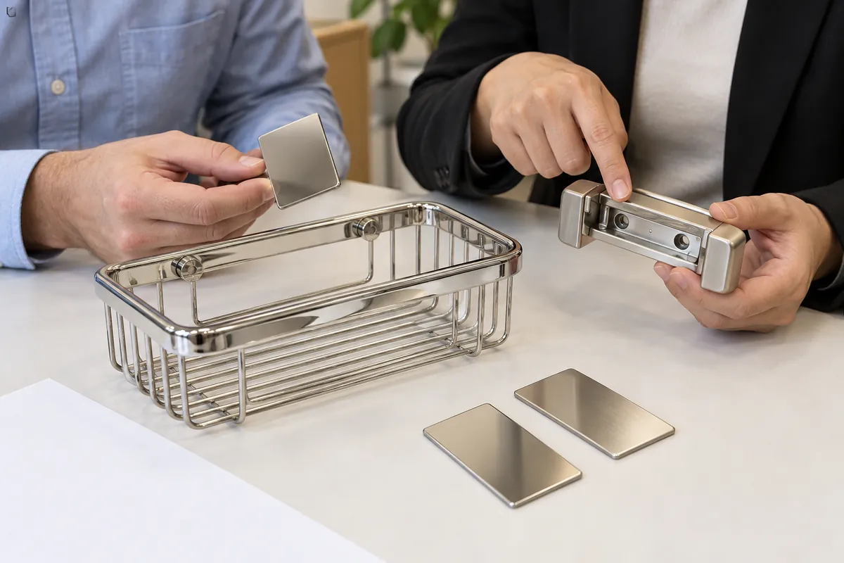 Importer and finishing supplier review a recessed bathroom basket bracket and nickel-finish samples