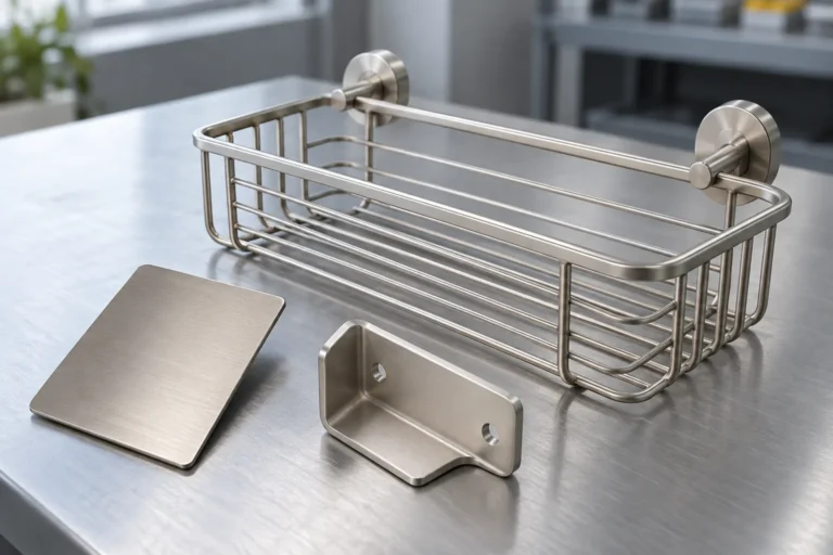 Satin electroless nickel-finished wire bathroom basket and separate metal finish coupon