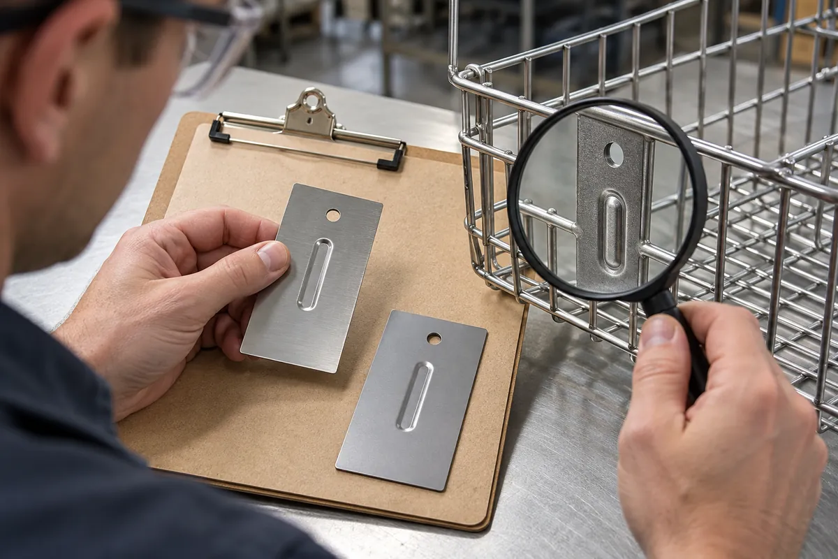 Supplier quality reviewer examines nickel-phosphorus finish coupons beside a recessed wire basket bracket