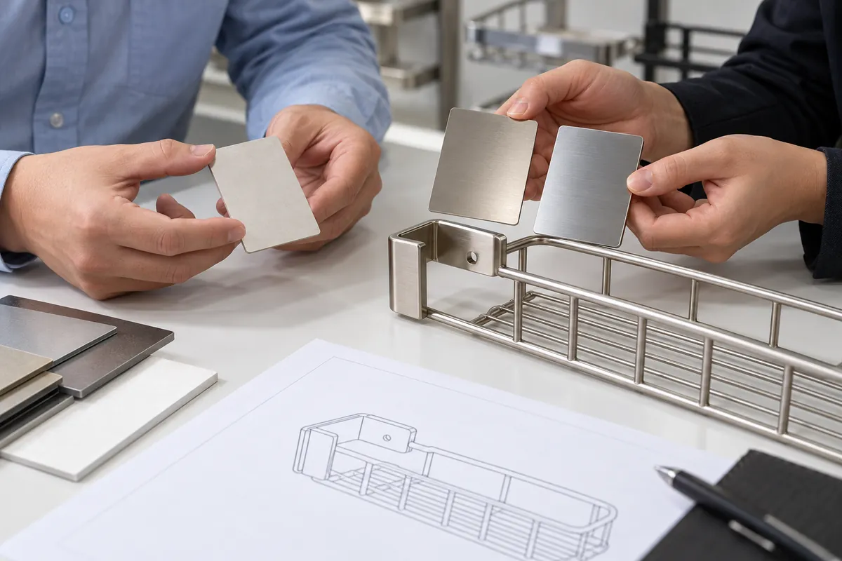 Importer and finishing supplier compare nickel-phosphorus coupons and a formed bathroom rack bracket for approval