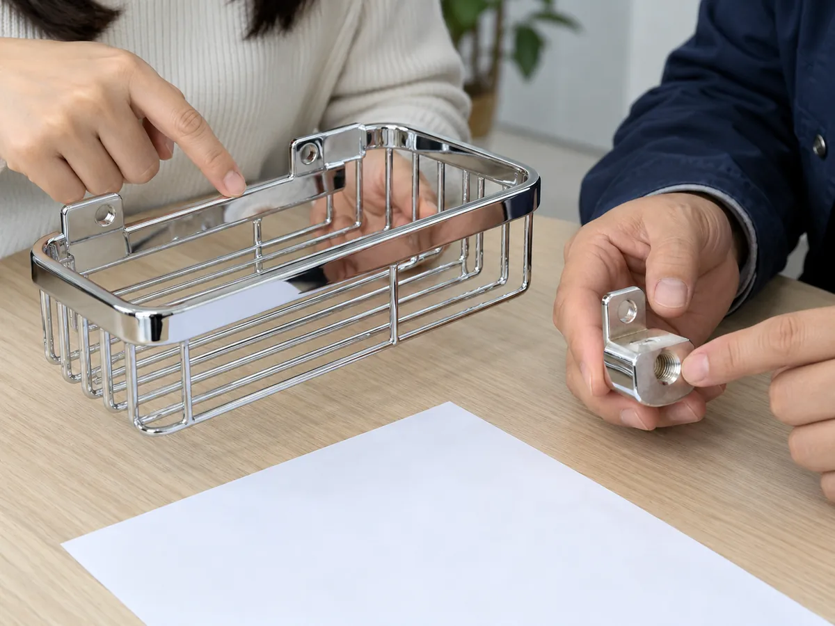 Buyer and supplier examine a chrome-plated wire basket and its bare threaded mounting tab