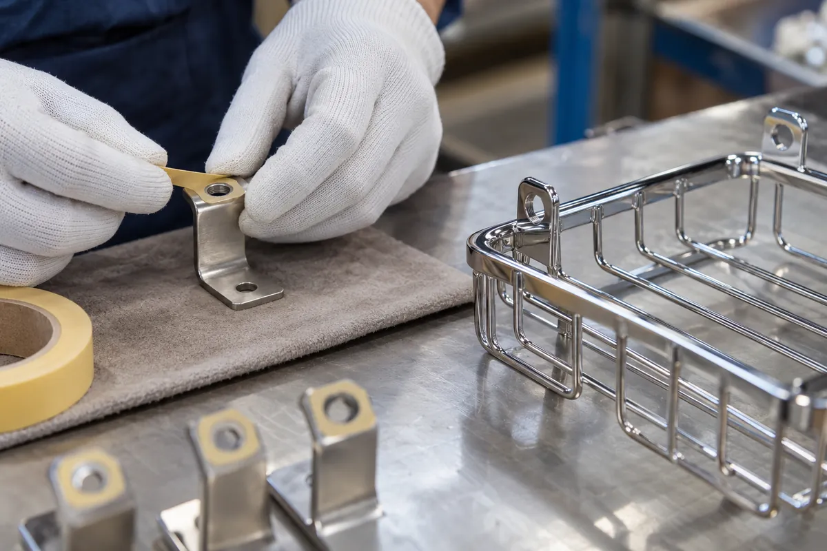 Gloved hands apply masking tape to a threaded mounting tab beside a chrome-plated wire basket