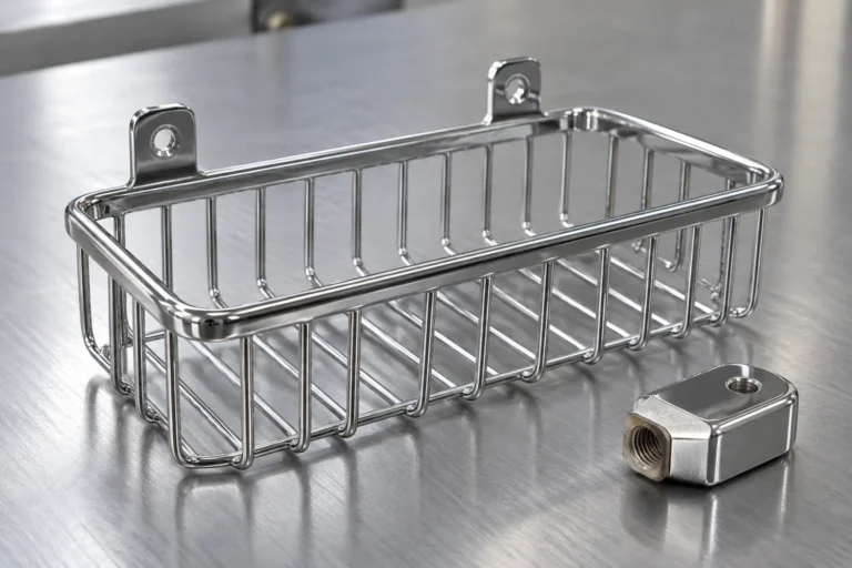 Chrome-plated wire bathroom basket and a threaded mounting tab on a metal inspection table