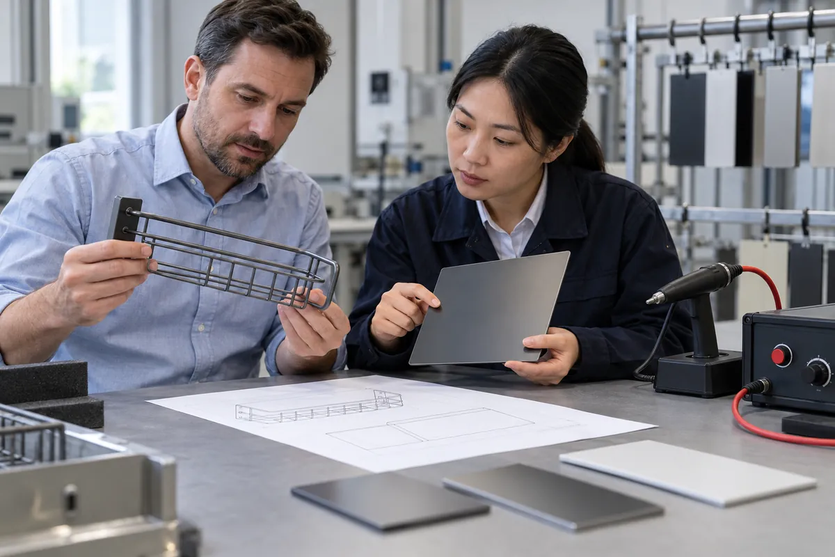 Importer and coating supplier review a thin coated wire bathroom bracket and coated panel before choosing a holiday-test method