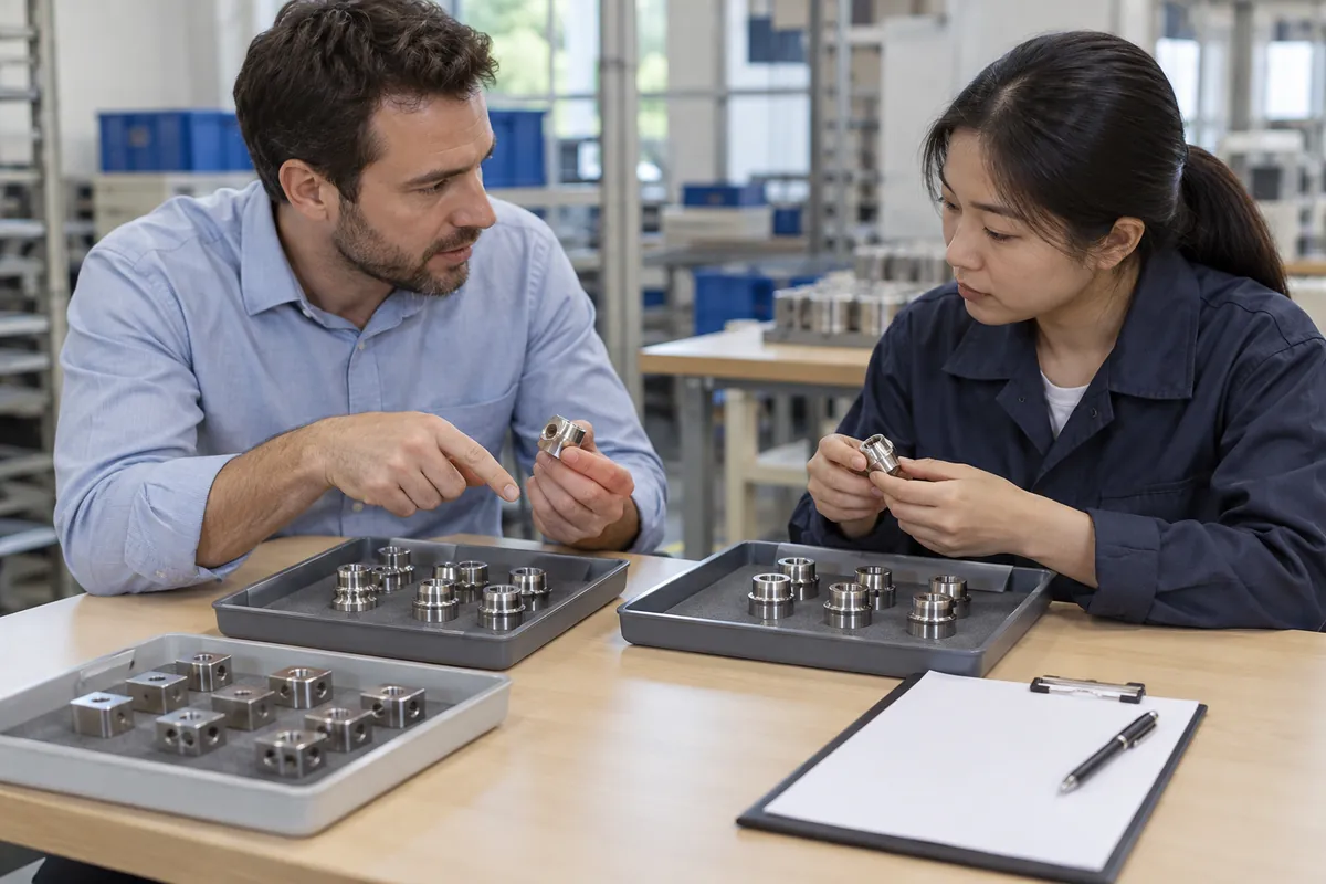 Buyer and supplier quality reviewers allocate matched formed hardware samples for a destructive measurement study